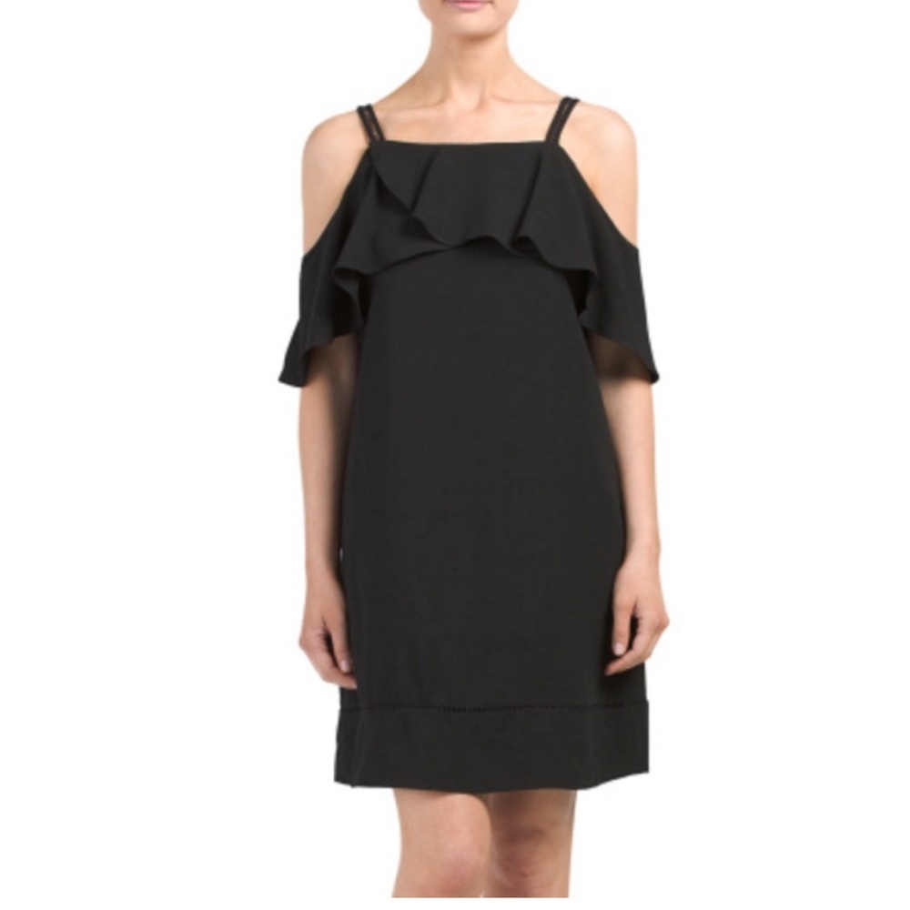 Maggy London Black Cocktail Wedding Guest Dress w/Cold Shoulder Sleeves